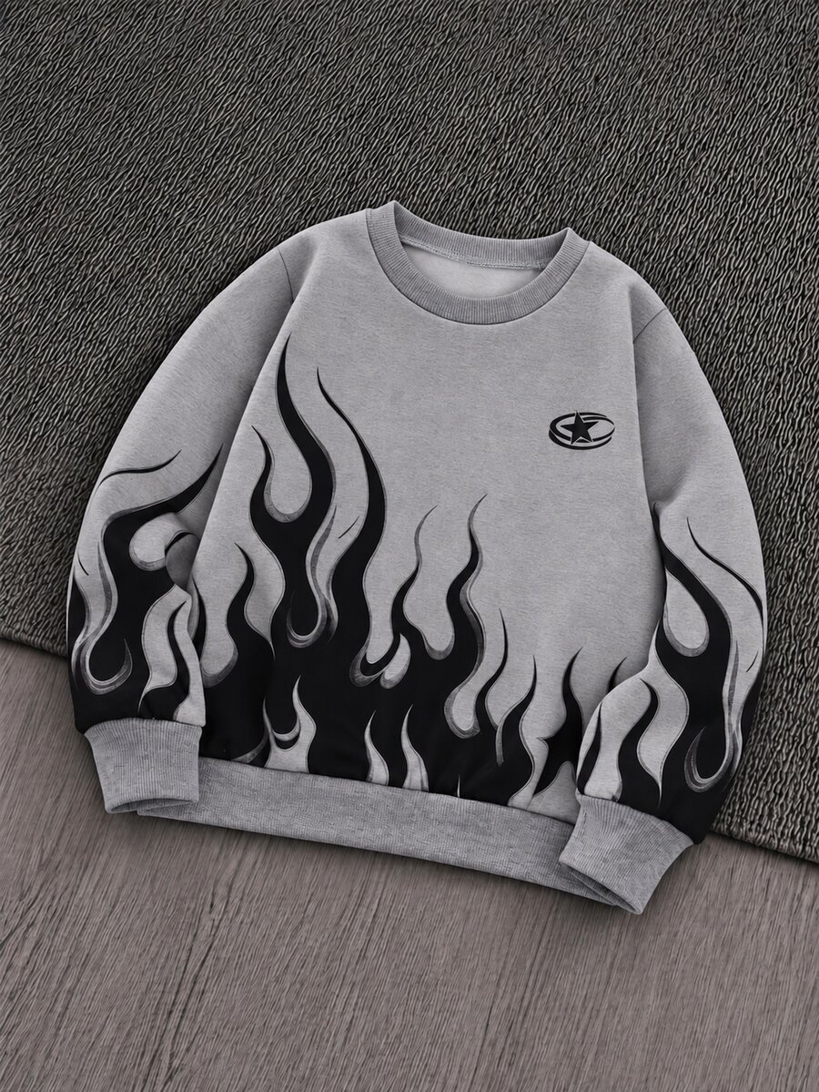 SHEIN Genkimix Kids 1件男童街頭時尚火焰圖案圓領套頭長袖運動衫,適合秋冬/春夏,校園休閒運動街頭穿搭,時尚舒適 - 灰色 - 查看 1