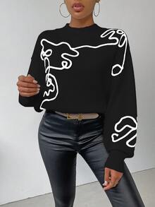 Omancia Women's Patterned Loose Round Neck Drop Shoulder Casual Knit Sweater, Autumn Winter,Long Sleeve Tops, Knit Pullover Fall - Black and White - View 6