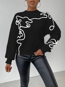 Omancia Women's Patterned Loose Round Neck Drop Shoulder Casual Knit Sweater, Autumn Winter,Long Sleeve Tops, Knit Pullover Fall - Black and White - View 5