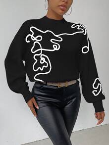 Omancia Women's Patterned Loose Round Neck Drop Shoulder Casual Knit Sweater, Autumn Winter,Long Sleeve Tops, Knit Pullover Fall - Black and White - View 4