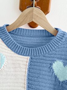 SHEIN Tween Girl Heart Pattern Knit Sweater, Soft Cozy Pullover, Colorblock Casual Cute Style, Cozy Feel For Everyday Wear, Fall School Off Campus - Blue - View 5