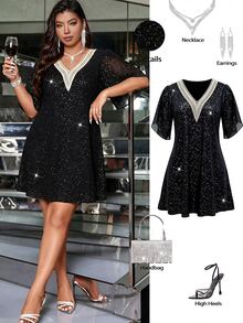 Femmeverse Plus Size Black Sequin V-Neck Lace Trim Flare Short Sleeve Loose Belly-Covering Short Party Evening Dress For Women - Black - View 8