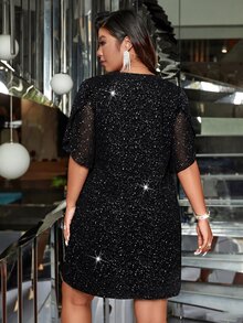 Femmeverse Plus Size Black Sequin V-Neck Lace Trim Flare Short Sleeve Loose Belly-Covering Short Party Evening Dress For Women - Black - View 2