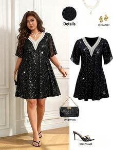 Femmeverse Plus Size Black Sequin V-Neck Lace Trim Flare Short Sleeve Loose Belly-Covering Short Party Evening Dress For Women - Black - View 1