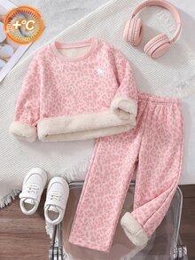Elladie kids 女童粉色豹紋 Centaur 內層保暖加厚運動衫與寬腿褲 2 件套，甜美休閒秋冬日常上學穿搭 - 粉色 - 查看 3