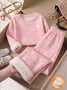 Elladie kids 女童粉色豹紋 Centaur 內層保暖加厚運動衫與寬腿褲 2 件套，甜美休閒秋冬日常上學穿搭 - 粉色 - 查看 1