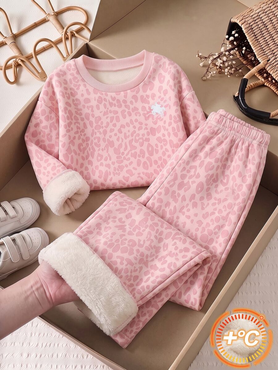 Elladie kids 女童粉色豹紋 Centaur 內層保暖加厚運動衫與寬腿褲 2 件套,甜美休閒秋冬日常上學穿搭 - 粉色 - 查看 1