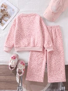 Elladie kids 女童粉色豹紋 Centaur 內層保暖加厚運動衫與寬腿褲 2 件套，甜美休閒秋冬日常上學穿搭 - 粉色 - 查看 2