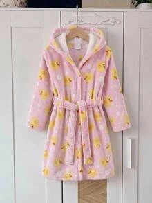 兒童女童休閒日常百搭舒適毛絨卡通黃鴨圖案家居服 秋季 - 彩色 - 查看 3