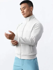 Coreblaze Boyfriend Style Men Letter Graphic Raglan Sleeve Zipper Up Stand Collar Sports Jacket Workout Tops Sports Jacket - White - View 2