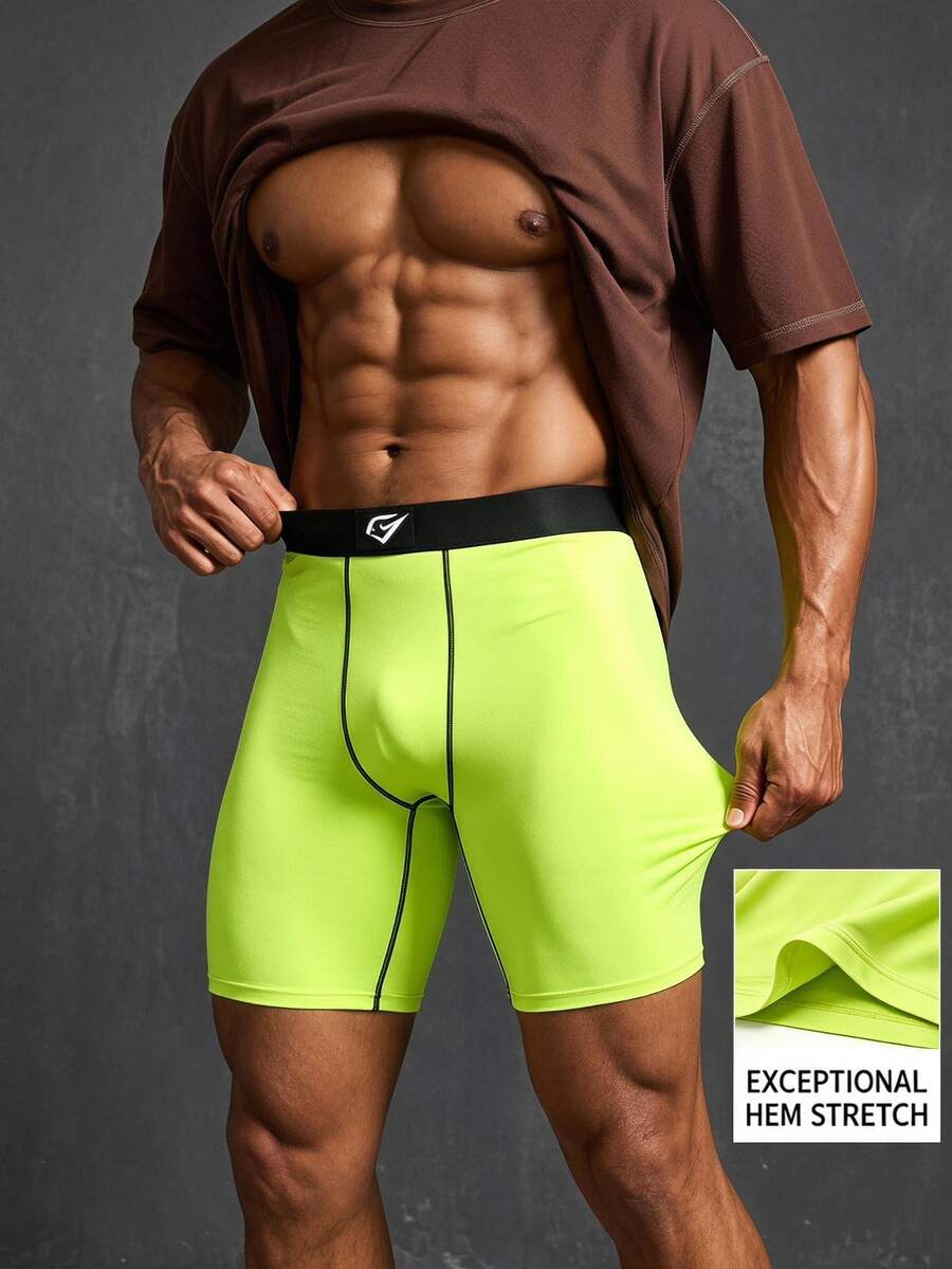 Coreblaze Men's Geometric Print Neon Green Sports Base Layer Shorts, Gym - Green - View 1
