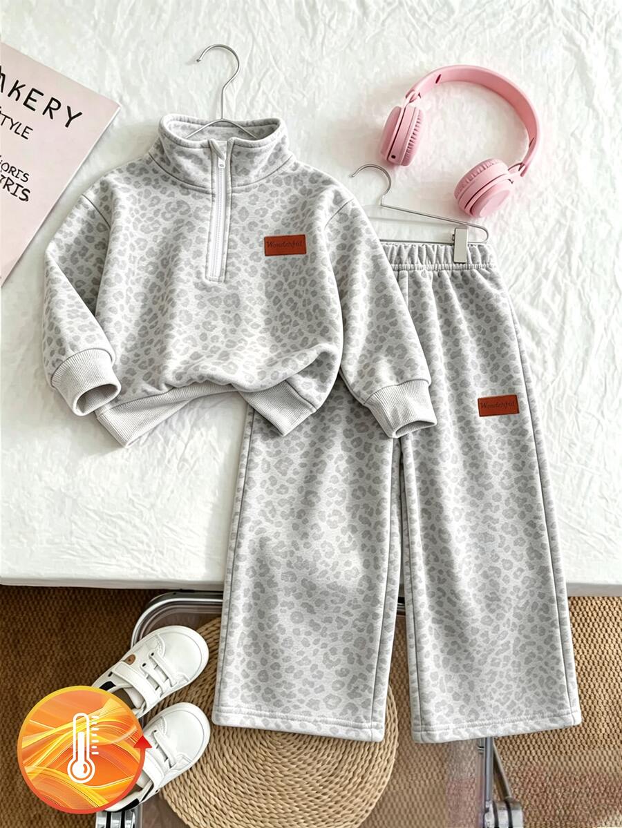 女嬰 2件套休閒時尚春夏秋冬女童立領運動衫與寬腿運動長褲套裝,甜美酷灰色豹紋印花,外出套裝,柔軟面料,時尚寬腿褲款,春夏秋冬女童服裝套裝,女童寬腿褲套裝 - 彩色 - 查看 1