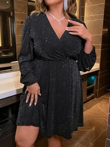 Femmeverse Plus Lantern Sleeve Glitter Dress Fall Cloth For Women - Black - View 7