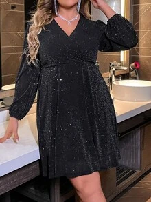 Femmeverse Plus Lantern Sleeve Glitter Dress Fall Cloth For Women - Black - View 4