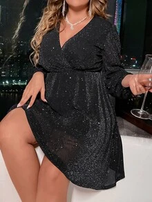 Femmeverse Plus Lantern Sleeve Glitter Dress Fall Cloth For Women - Black - View 5
