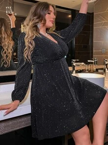 Femmeverse Plus Lantern Sleeve Glitter Dress Fall Cloth For Women - Black - View 6