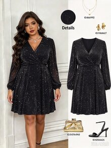 Femmeverse Plus Lantern Sleeve Glitter Dress Fall Cloth For Women - Black - View 1
