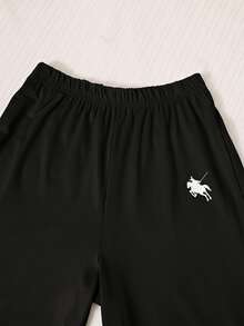 SHEIN 秋季軟綿黑白配色青少年女孩連帽運動套裝 馬匹鐵印花 運動休閒可愛學生街頭風度假穿搭 - 黑色 - 查看 7