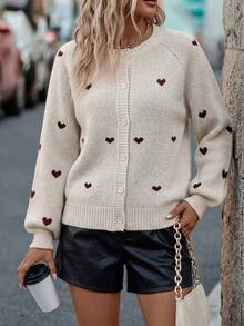 SHEIN Round Neck Heart Jacquard Fitted Fall Knit Cardigan Everyday Date Brunch Beige Cute Romantic Casual - White - View 6