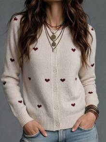 SHEIN Round Neck Heart Jacquard Fitted Fall Knit Cardigan Everyday Date Brunch Beige Cute Romantic Casual - White - View 1