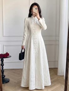 Celisse Women's Jacquard Front-Opening Muslim Long Dress, Elegant Commuter Style For Autumn/Winter - White - View 3