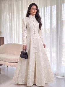 Celisse Women's Jacquard Front-Opening Muslim Long Dress, Elegant Commuter Style For Autumn/Winter - White - View 4