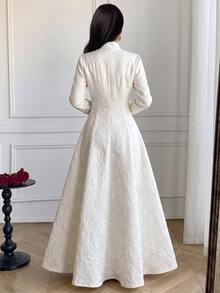 Celisse Women's Jacquard Front-Opening Muslim Long Dress, Elegant Commuter Style For Autumn/Winter - White - View 2