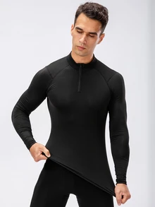 Coreblaze Boyfriend Style Men Quarter Zipper Raglan Sleeve Sports Tee Long Sleeve Shirt Workout Tops Breathable Compression Shirt Men - Black - View 6