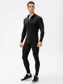 Coreblaze Boyfriend Style Men Quarter Zipper Raglan Sleeve Sports Tee Long Sleeve Shirt Workout Tops Breathable Compression Shirt Men - Black - View 5