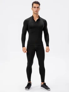 Coreblaze Boyfriend Style Men Quarter Zipper Raglan Sleeve Sports Tee Long Sleeve Shirt Workout Tops Breathable Compression Shirt Men - Black - View 4