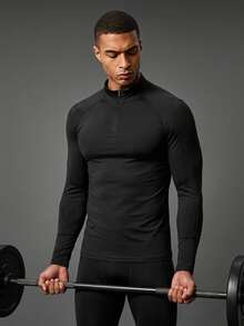 Coreblaze Boyfriend Style Men Quarter Zipper Raglan Sleeve Sports Tee Long Sleeve Shirt Workout Tops Breathable Compression Shirt Men - Black - View 1