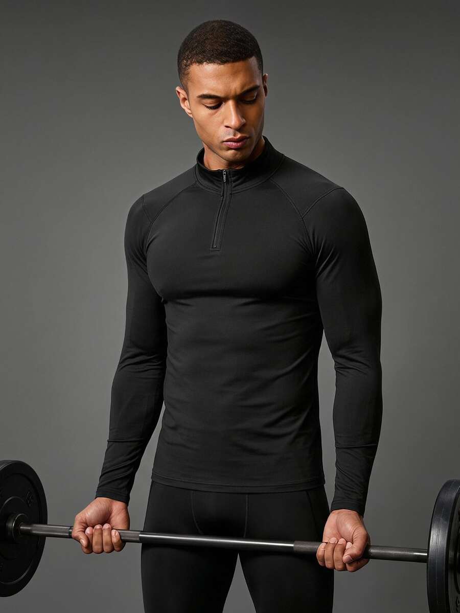 Coreblaze Boyfriend Style Men Quarter Zipper Raglan Sleeve Sports Tee Long Sleeve Shirt Workout Tops Breathable Compression Shirt Men - Black - View 1