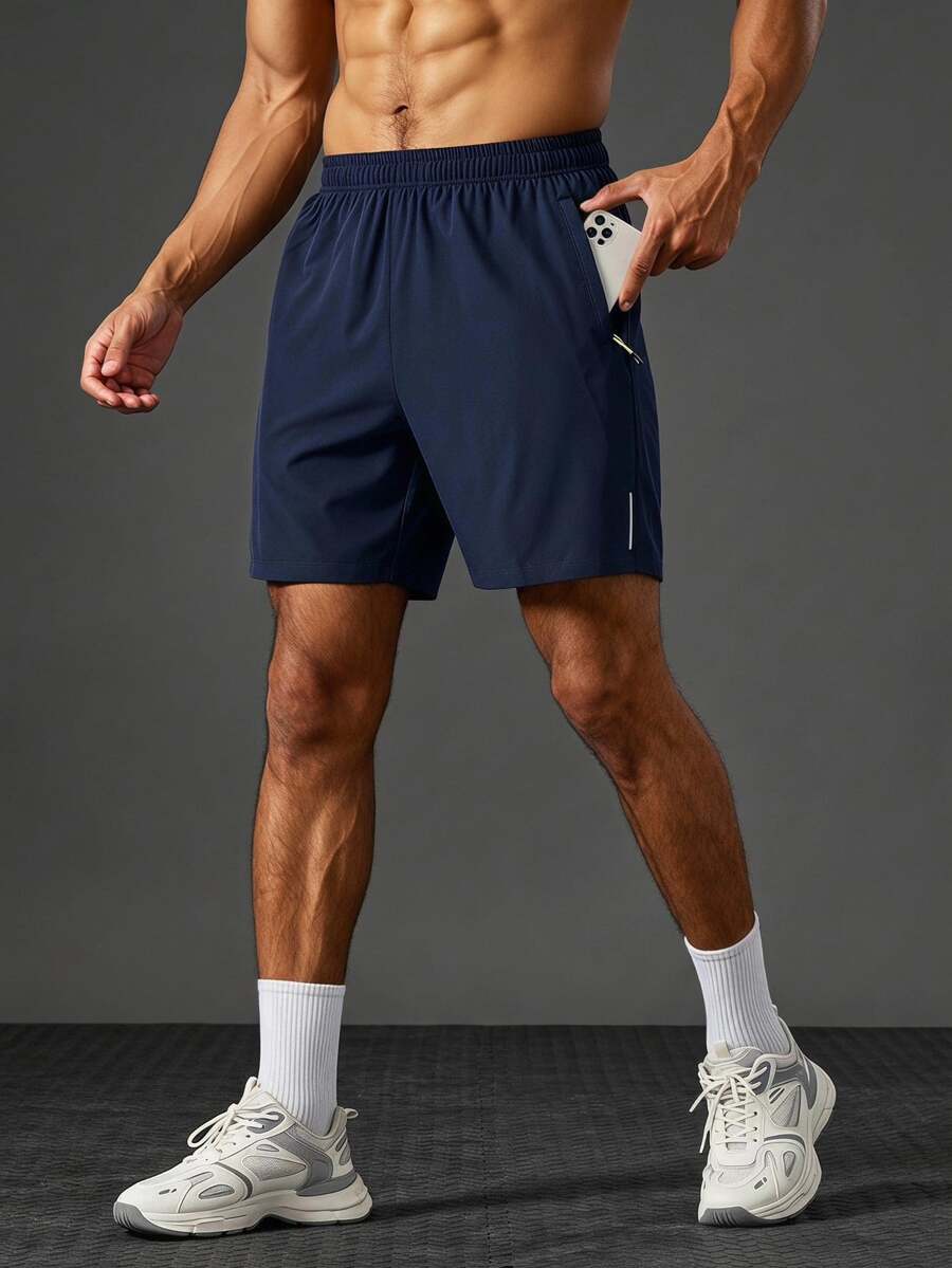 Coreblaze Men's Elastic Waist Pocket Design Casual Sports Shorts - Navy Blue - View 1