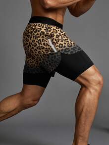 Coreblaze Men's Leopard Print Double Layer Sports Shorts, Running Workout, Outdoor Casual, Gym - Multicolor - View 1