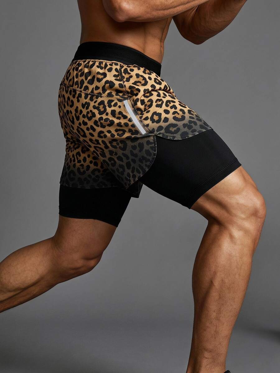 Coreblaze Men's Leopard Print Double Layer Sports Shorts, Running Workout, Outdoor Casual, Gym - Multicolor - View 1