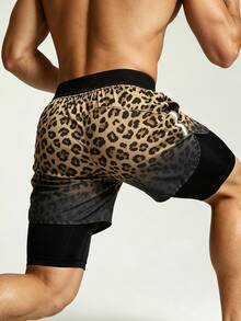 Coreblaze Men's Leopard Print Double Layer Sports Shorts, Running Workout, Outdoor Casual, Gym - Multicolor - View 2