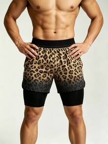 Coreblaze Men's Leopard Print Double Layer Sports Shorts, Running Workout, Outdoor Casual, Gym - Multicolor - View 4