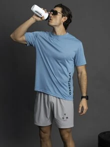 Coreblaze 男友风男士纯色拼接字母印花休闲运动短裤灰色运动短裤 - 灰色 - 查看 6