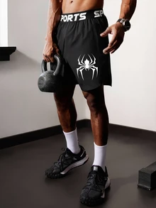 Coreblaze Men's Letter & Spider Pattern Casual Daily Travel Sports Shorts, Gym - Black - View 7
