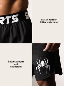Coreblaze Men's Letter & Spider Pattern Casual Daily Travel Sports Shorts, Gym - Black - View 4