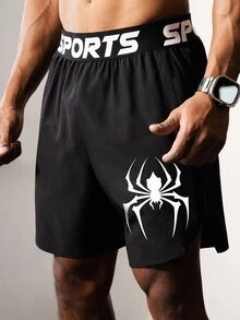 Coreblaze Men's Letter & Spider Pattern Casual Daily Travel Sports Shorts, Gym - Black - View 6