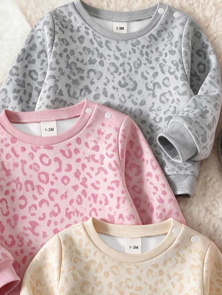Newborn Baby Girl 1 Random Set Cute Minimalist Leopard Print Crew Neck Long Sleeve Fleece Sweatshirt & Pants Set, Soft Fabric, Suitable For Outings In Autumn/Winter - Multicolor - View 5