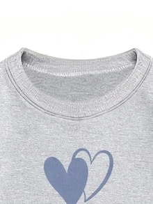 (1 Set) Autumn/Winter Little Girls Casual Fresh Minimalist Heart Pattern Blue Background White Heart Print Crew Neck Sweatshirt And Wide Leg Pants - Multicolor - View 6