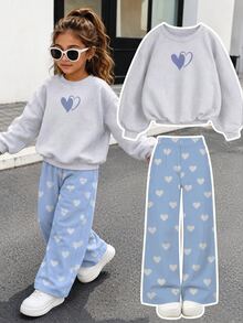 (1 Set) Autumn/Winter Little Girls Casual Fresh Minimalist Heart Pattern Blue Background White Heart Print Crew Neck Sweatshirt And Wide Leg Pants - Multicolor - View 1