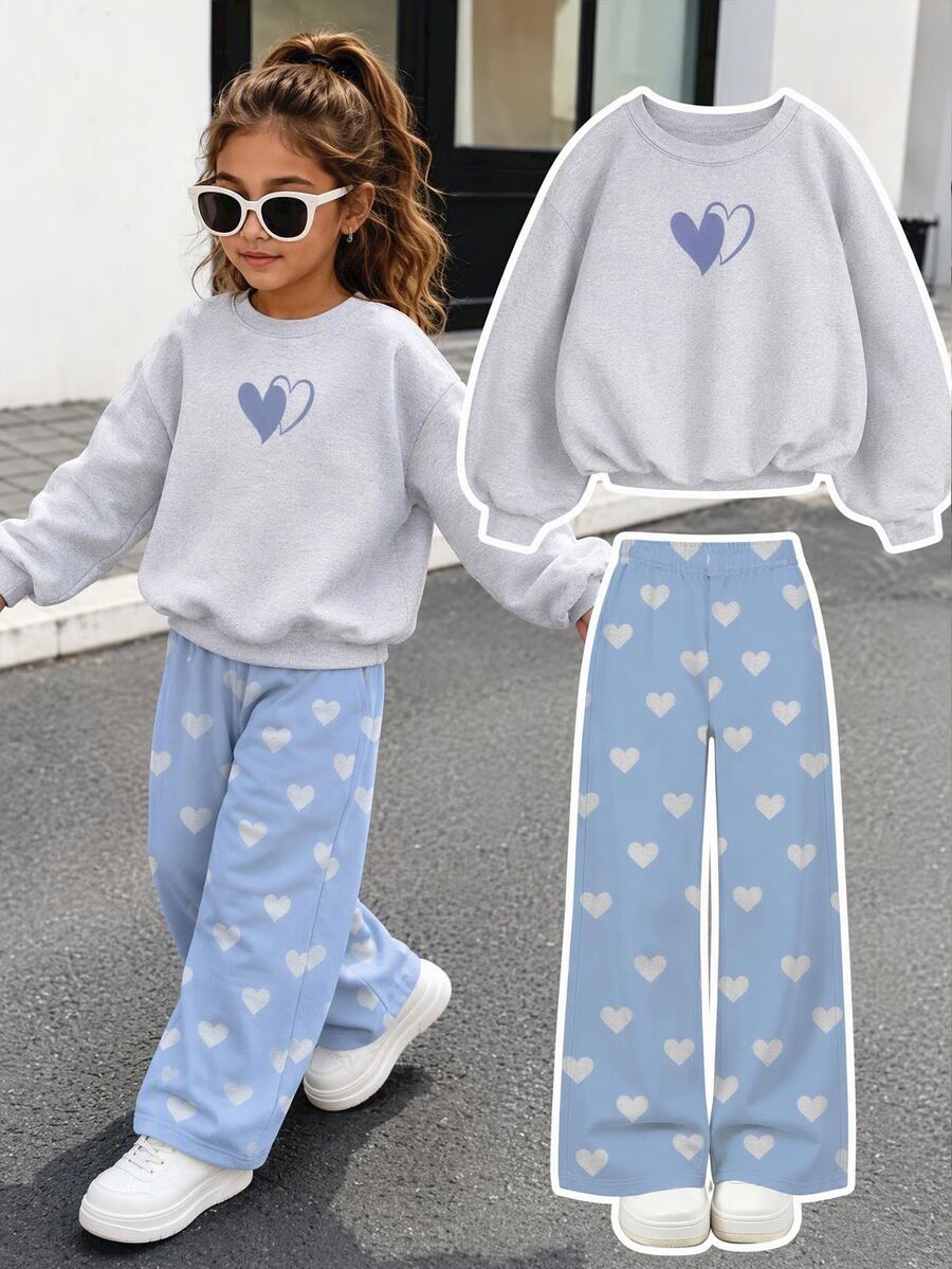 (1 Set) Autumn/Winter Little Girls Casual Fresh Minimalist Heart Pattern Blue Background White Heart Print Crew Neck Sweatshirt And Wide Leg Pants - Multicolor - View 1