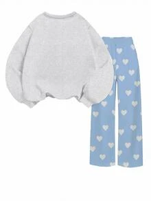 (1 Set) Autumn/Winter Little Girls Casual Fresh Minimalist Heart Pattern Blue Background White Heart Print Crew Neck Sweatshirt And Wide Leg Pants - Multicolor - View 5