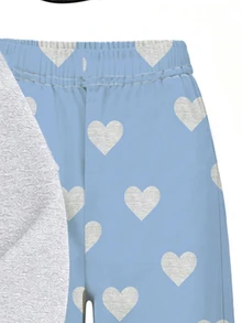 (1 Set) Autumn/Winter Little Girls Casual Fresh Minimalist Heart Pattern Blue Background White Heart Print Crew Neck Sweatshirt And Wide Leg Pants - Multicolor - View 8