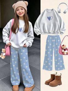 (1 Set) Autumn/Winter Little Girls Casual Fresh Minimalist Heart Pattern Blue Background White Heart Print Crew Neck Sweatshirt And Wide Leg Pants - Multicolor - View 4