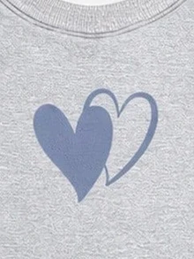 (1 Set) Autumn/Winter Little Girls Casual Fresh Minimalist Heart Pattern Blue Background White Heart Print Crew Neck Sweatshirt And Wide Leg Pants - Multicolor - View 7