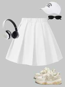 SHEIN Girls' Elegant Pleated High-Waisted Skirt With Built-In Safety Shorts, 2-In-1 Skirt Pants, Versatile All-Season Piece, Can Be Paired With Shirts, Short/Long Sleeve T-Shirts, Polo Shirts, Sweatshirts, Baseball Jackets, Coats, Autumn/Winter, Thermal Lined And Thickened - White - View 3